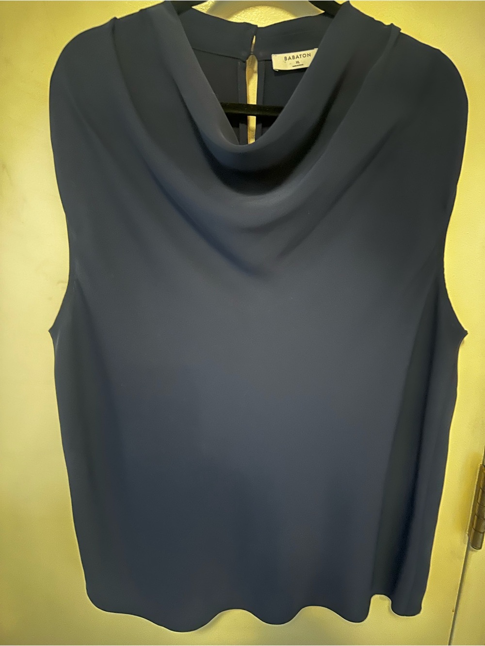 Babaton Aritzia XL Navy Blue Cowl Neck Sleeveless Blouse Keyhole Back Top